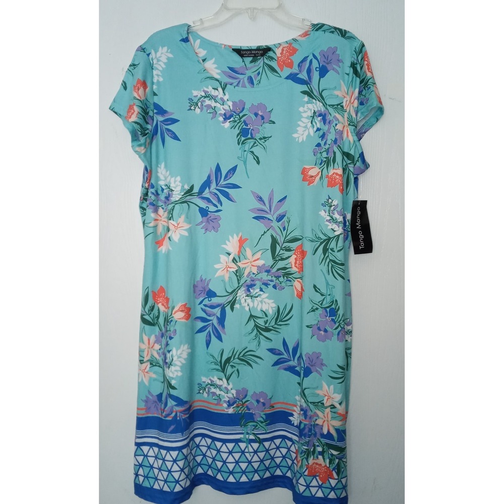 Tango Mango XL Teal Floral Print Dress Sheath Dress Lined Pullon $89 Stretch